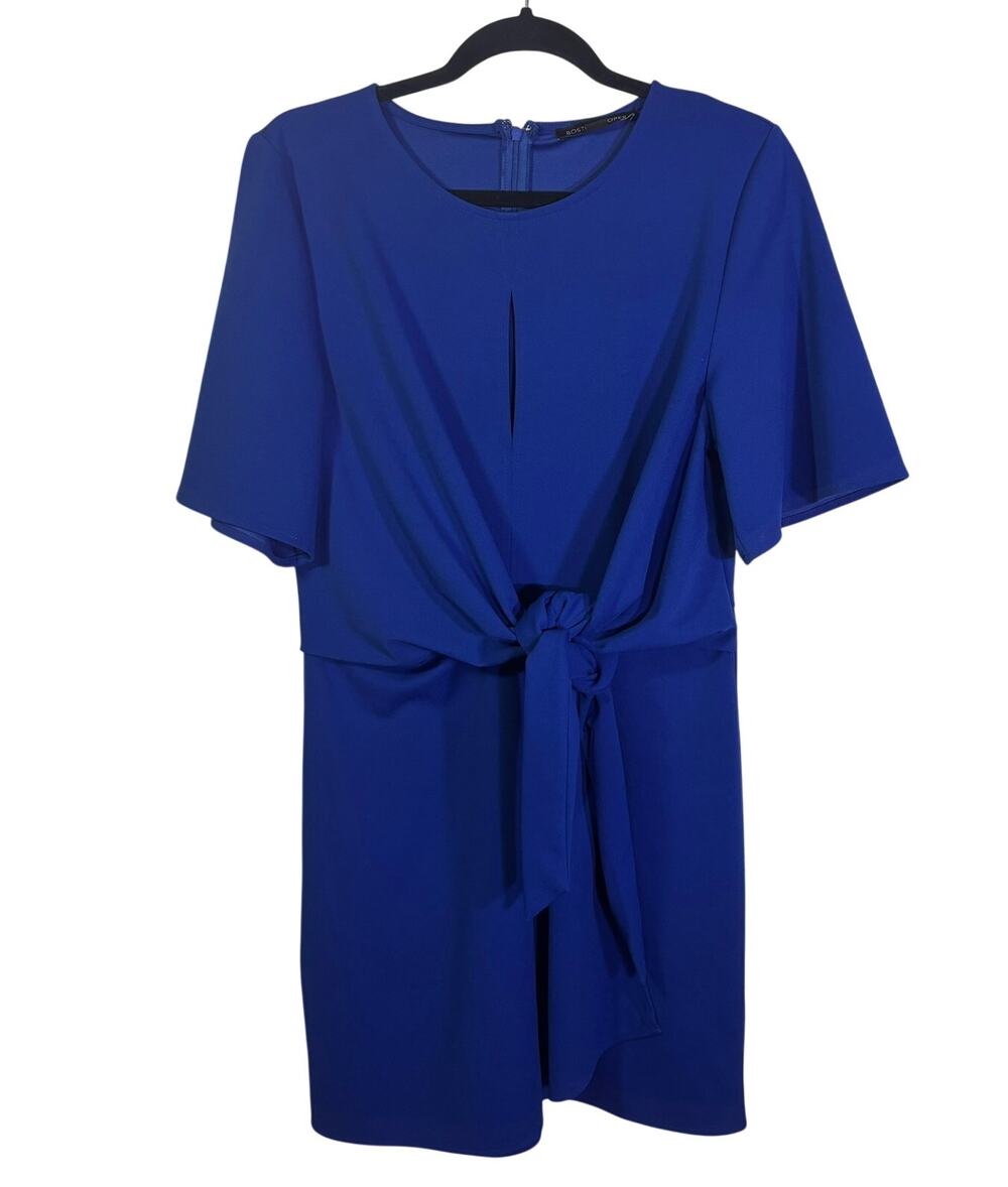 Boston Proper Blue Tie Waist Dress Short Sleeve Keyhole Size 10 Caree